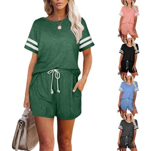 Outfit Short Sleeve Top Drawstring Short Pants Women Stripes T-shirt Mid Rise Shorts Loose Tracksuit for Summer