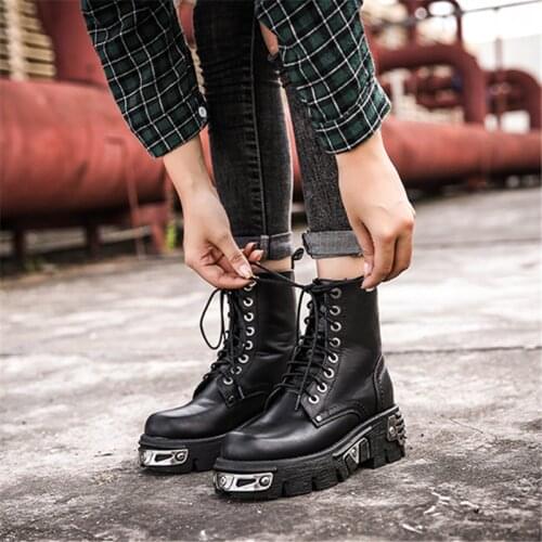 Punk Style Women Ankle Boots Black 6CM Platform Boot High Tops Military Boots Metal Decor Autumn Winter Botas Mujer