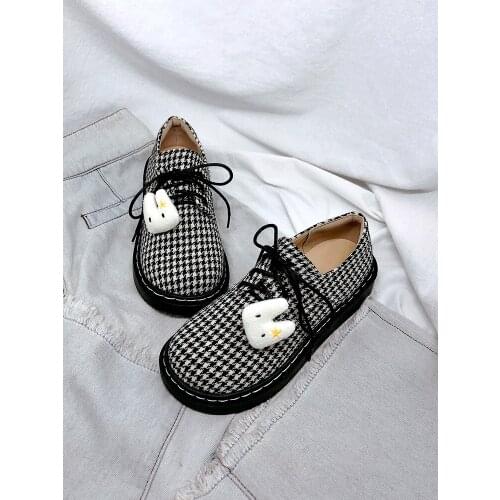 Plaid Pattern Rabbit Design Anime Cosplay Loli Girls Woman Flats Lace Up Round Toe Japanese School Student Mori Lolita Shoes