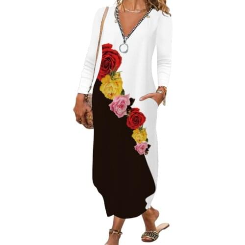Vintage 3D Degital Floral Print Long Sleeve Casual Dress Women New Zipper V-neck Pocket Robe Maxi Holiday Stretchy Vestido Mujer
