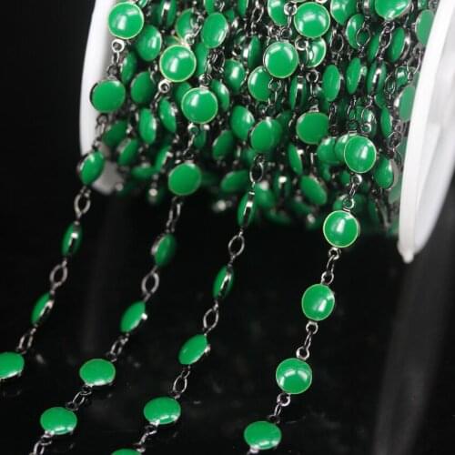 5Meter/Lot 6mm Gun Black Plated Copper Green Enamel Glass Coin Beads Rosary Chains,Lampwork Flat Round Beaded Chain DIY Necklace