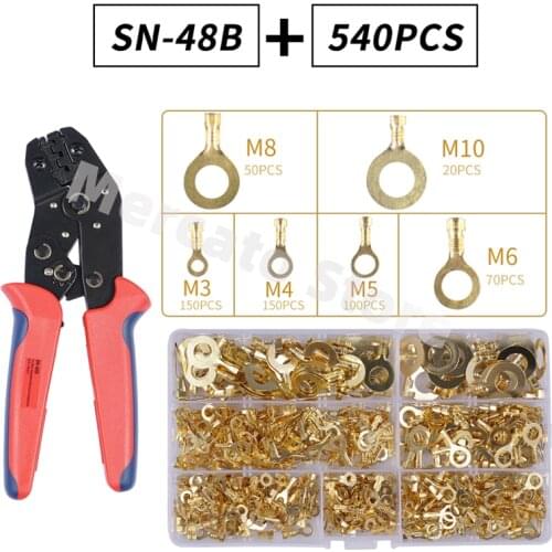 540pcs M3-M12 Open Bass Crimp Copper Wire Terminal Non-Insulated Ring Lugs Crimp Cable Connector Crimper Plier Tools Set