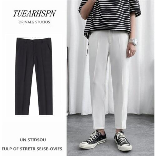 Hong Kong style drape small trousers summer Korean version of the trend of slim feet casual pants mens straight suit