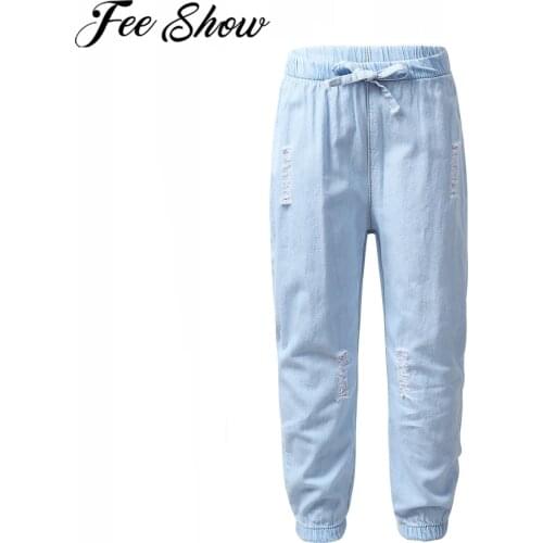 FEESHOW 2020 Kids Fashion Jean Summer Boy Girls Anti-mosquito Pants Thin Ripped Loose Jeans Harem Pants Children Casual Trousers