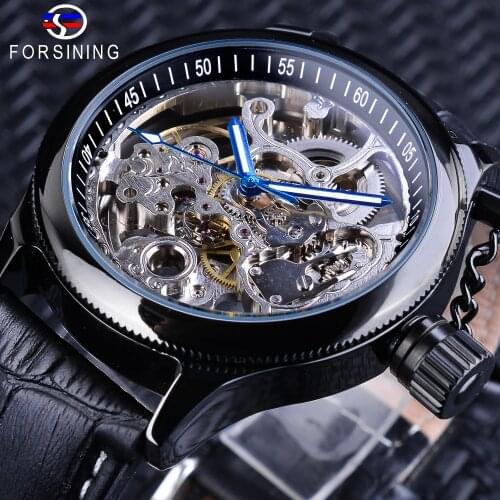 Forsining Skeleton Clock Blue Hands Gear Bezel Black Genuine Leather Screw Crown Cap Design Men Mechanical Watch Luminous Hands