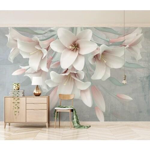 Customized interior noble and beautiful 3d three-dimensional pink lily embossed TV background wallpaper decoration wallpaper