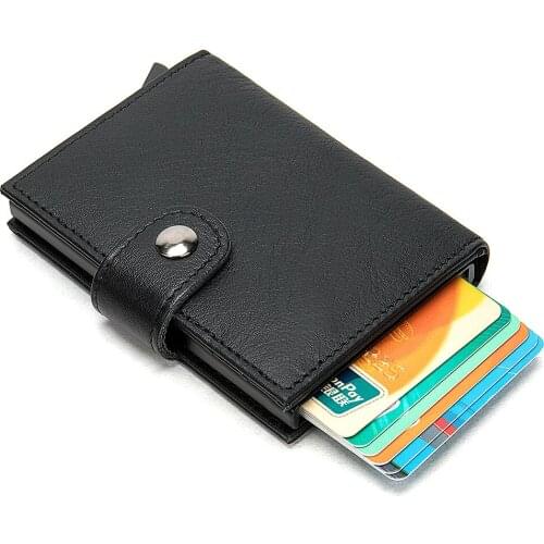 Top Quality Men Blocking Rfid Wallet Mini Genuine Leather Business Aluminium Credit Card Holder Purse Automatic Pop Up Card Case