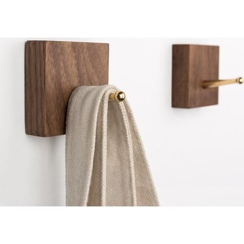 Nordic Solid Wood Wall-mounted Hanger Brass Hook Coat Clothes Key Hat Storage Holder Self-adhesive Sundries Rack Organizer Tools