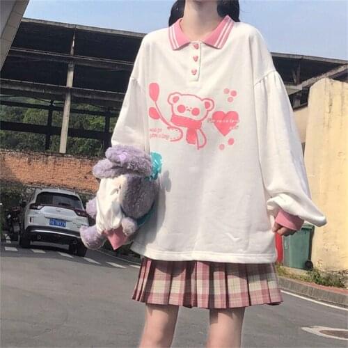 Autumn winter Sweet Pink Women Hoodies Loose Cute cartoon print pullovers POLO collar sweet female tops 2020 NEW