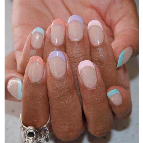 24pcs Candy Colors Nail Patch Round Head Glue Type Removable Super Short Paragraph Fashion Manicure False Nail Patch DL