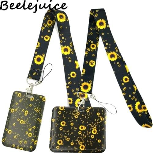 Sunflowers Flowers Black Neck Keychain Necklace Webbings Ribbons Cartoon Neck Strap Lanyard ID badge Holder Keychain Lanyards