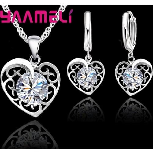 Romantic Heart Jewelry Set Women 925 Sterling Silver Wedding Pendant Necklace Charm Hoop Earring Elegant Party Gift