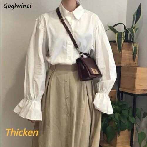 Shirts Women Chic Loose All-match Puff Sleeve Plus Velvet Shirt Womens Ins Ulzzang Solid Fashion Tops Casual Ladies Trendy Daily