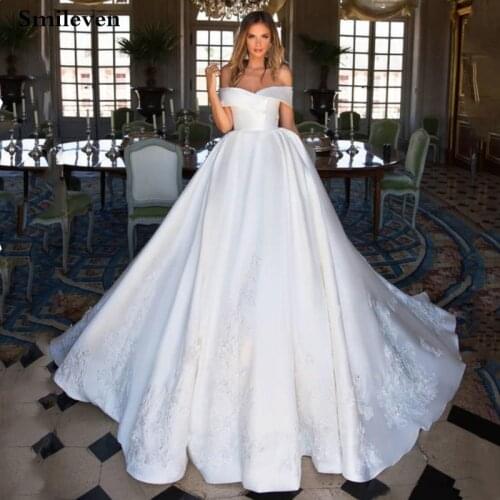 Smileven Princess Wedding Dress Satin Off The Shoulder Turkey Lace Bridal Dress Wedding Gowns Appliqued Vestido De Noiva