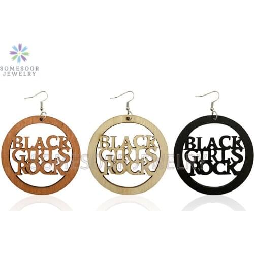 SOMESOOR Black Girl Rock Engraved Round African Wooden Drop Earrings Carved Melanin Saying 7cm Large Loops Dangle For Women Gift
