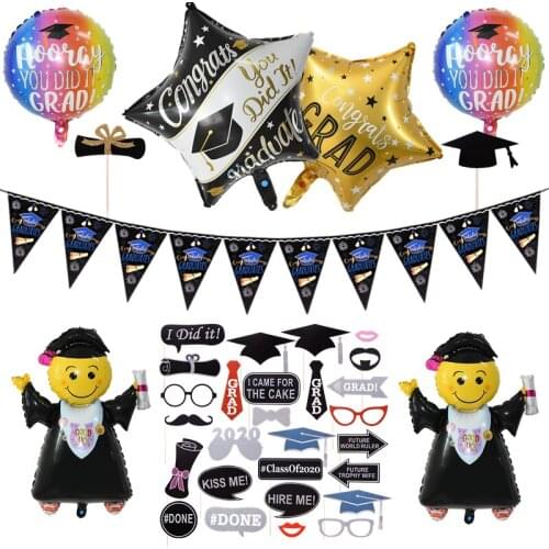 2020 Graduation Party Deco Supplies Graduation Photo Booth Props Congrats Graduated Bachelor Cap Foil Latex Balloon Banner Class