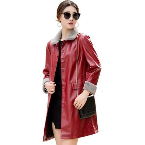 Long sleeve long faux leather jacket womens leather coat wine red women jackets stand collar fashion B420