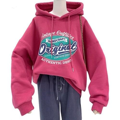 Loose Plus Velvet Korean Fashion Women Hoodie Harajuku Letters Print Oniginae Rose Red Lady Sweatshirt Winter Pullover Female