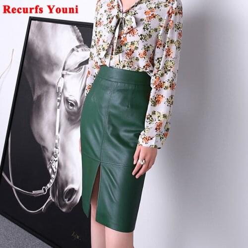 Womens Clothing Winter Harajuku Female Genuine Leather Simple Split Knee Length Skirt Femme Brown/Dark Green Pencil Slit Gonne