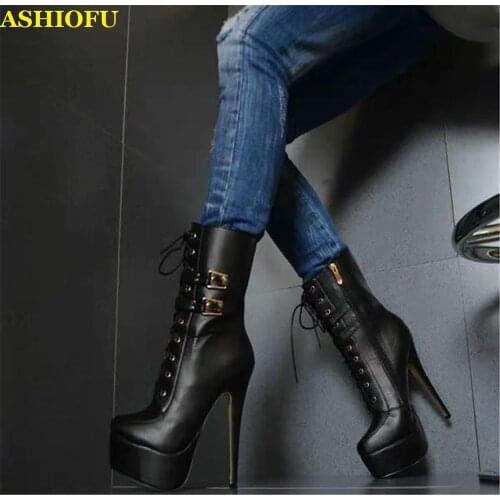 ASHIOFU Handmade Ladies High Heel Platform Boots Shoelace Platform Sexy Party Prom Ankle Boots Club Evening Fashion Short Boots