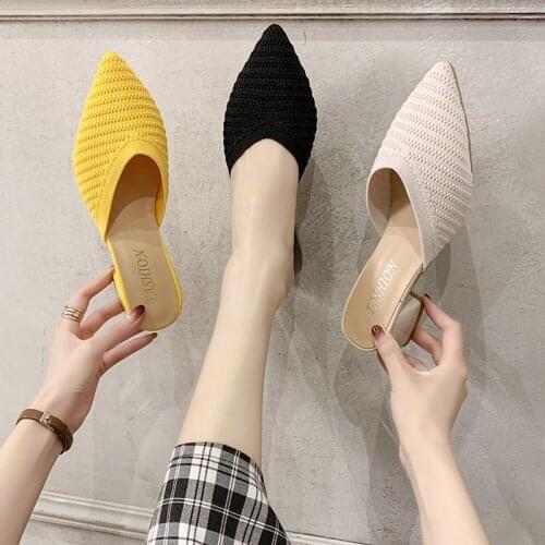 Knitted Elastic Mesh Pointed Toe Slippers Women New Summer Shoes Woman Fashion Shallow Mid Heel Female Shoes Square Heel Mules