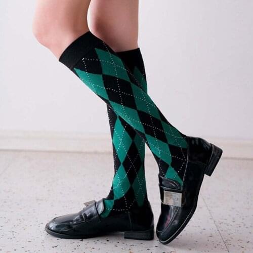 Women Autumn Cotton Knee High Socks Japanese Preppy Style Vintage Contrast Color Argyle Plaid Print Student Stockings