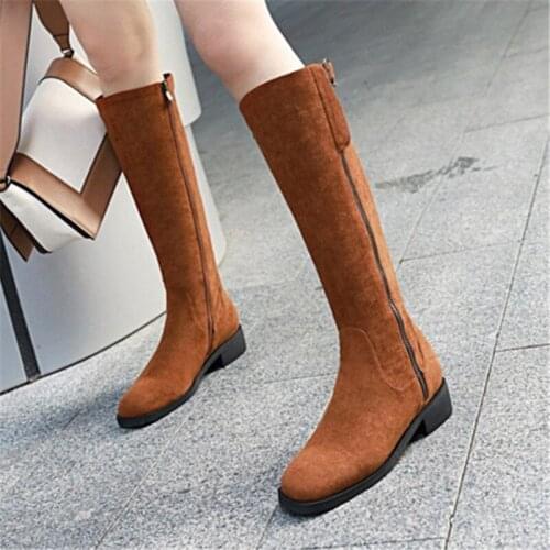 PXELENA Zipper Buckle Riding Knight Knee High Boots Women Winter Shoes Low Heels Flock Daily Comfort Long Boots Large Size 34-45