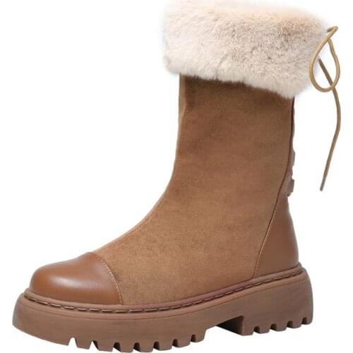 Kmeioo Genuine Leather flat Winter motorcycle boots Plush fur warm Womens snow boots Mid Calf boots fashion girl lace-up shoes