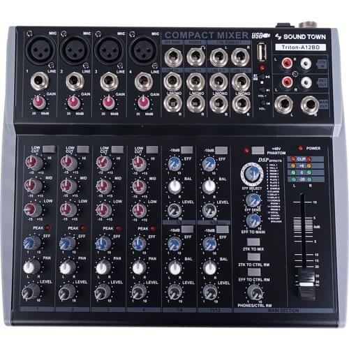 Sound Town Professional 12-Channel Audio Mixer with USB interface, Recording, EQ, Bluetooth, DSP and 48V Phantom (TRITON-A12BD)