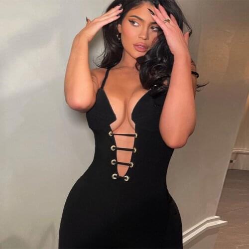 Adogirl Strap Women Solid Bodycon Long Jumpsuit Sexy V Neck Bandage Backless Overalls One Piece Outfit Bodycon Club Partywear
