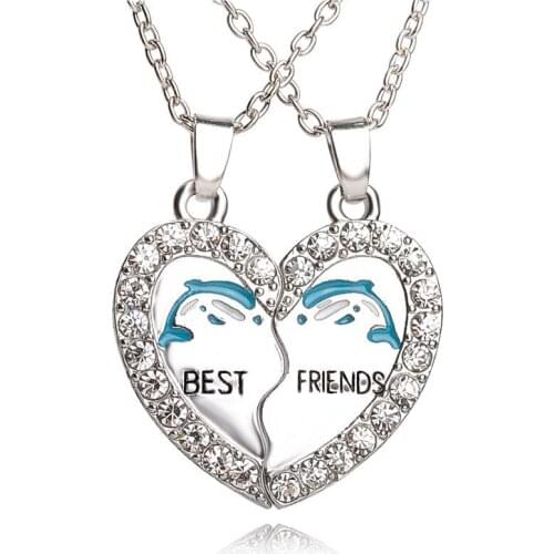 2pcs Cute Dolphin Crystal Heart Paired couple Pendant necklace lovers Best Friends Necklace bff Matching collar Friendship chain