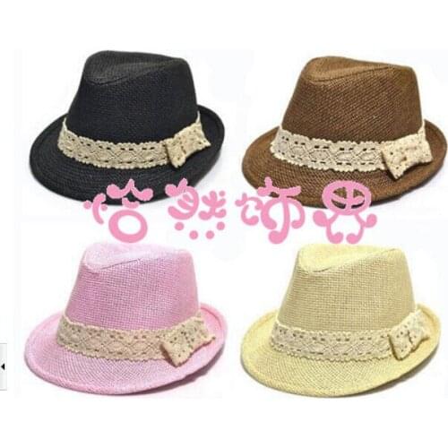 50pcs/lot fedex fast korean style children straw lace bow jazz hat short brim solid lovely hat 4colors