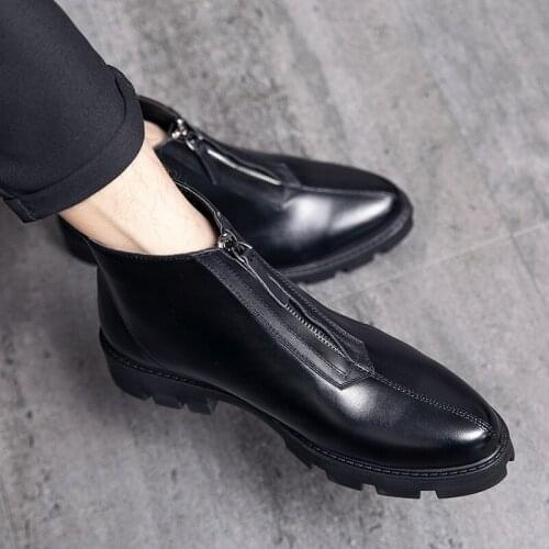 ZEEKSON Winter Personality Fashion British Style Thick-soled Zipper Mens Boots High-top Casual Pointed Toe Formal Leather Shoes