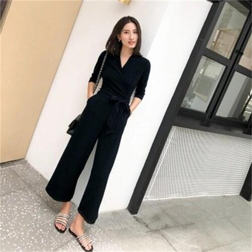 Fashion jumpsuit female summer New casual black high waist chiffon student conjoined wide leg nine pants women Rompers