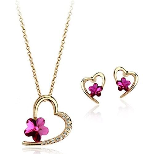 MOONROCY Rose Gold Color Crystal Jewelry Set Rigant Chokers Necklace Earrings Rose Red Flower Heart for Women Dropshipping Gift