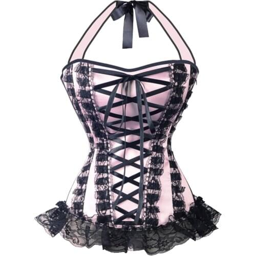 Women Halter Corset Lace Up Satin Strapless Boned Overbust Plus Size Corset and Bustier Ruffled Lingerie Top Shaper