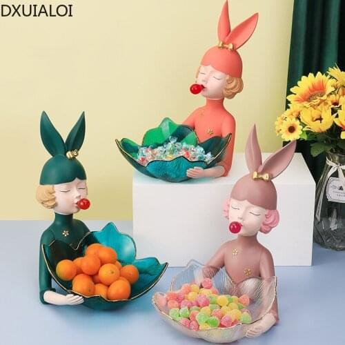 Creative cute girl rabbit ears fruit plate resin crafts housewarming gifts fruit snacks candy storage living room furnishings