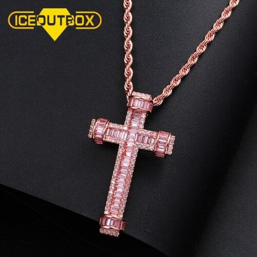 Fashion Pink Baguette Cross Pendant Necklace For Women Mens Hip Hop Jewelry Iced Out Cubic Zircon Cuban Rope Tennis Chain Gifts