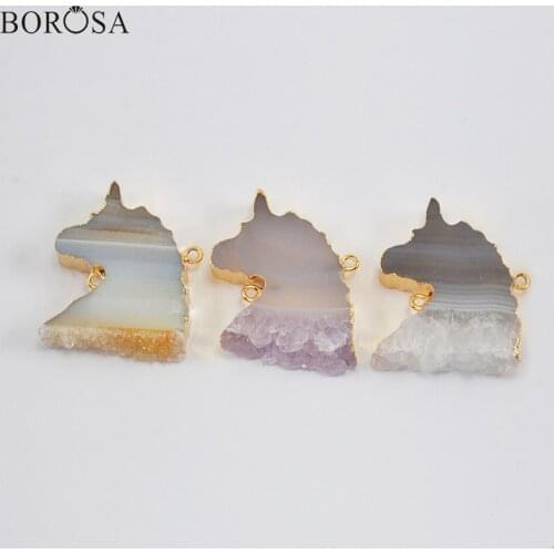 Fashion Unicorn Natural Agates Connector for Necklace Gold Color Gems Stones Druzy Quartz Pendant Jewelry Accessories G1993