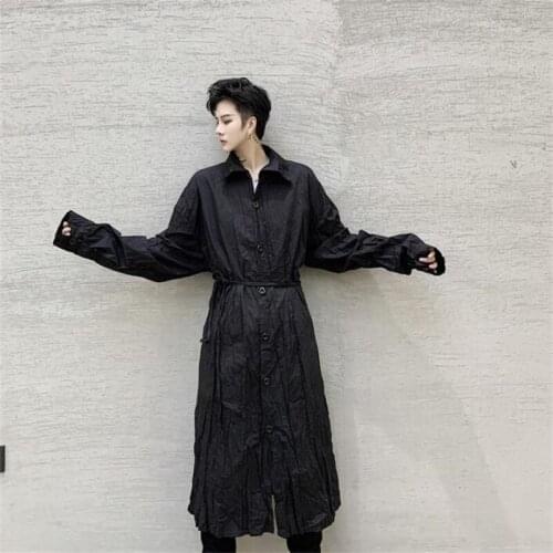Mens pleated shirt loose casual European American punk rock costumes personality over the knee long windbreaker chemise homme