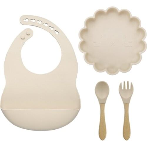 Solid Food Tableware Set For Children Silicon Baby Feed Tray Cartoon Lion Dishes Plates Waterproof Baby Bibs Training Fork Spoon
