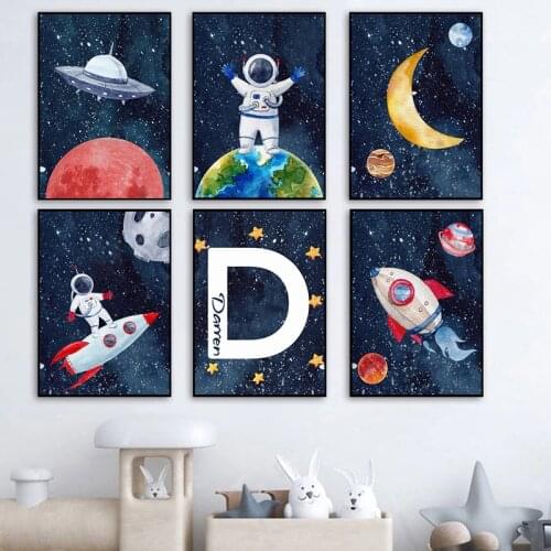 Nursery Baby Boy Bedroom Wall Art Space Astronaut Canvas Painting Nordic Rocket Planet UFO Posters and Prints Home Deocr