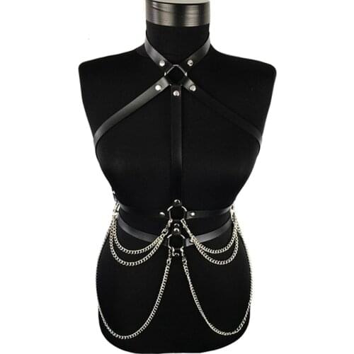 New Sexy Women Suspenders Leather Belt Harajuku Gothic Lingerie Adjustable Bondage Holographic Metal Chain Tassel Harness Chest