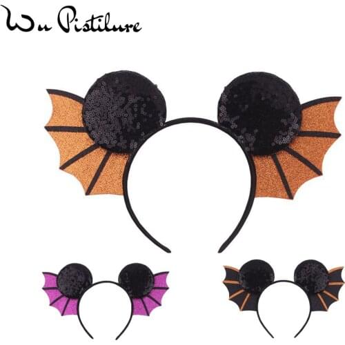 3.3" Minnie Mouse Ear Headband Halloween Bat Wings Girls Festival Hairband Glitter DIY Hair Accessories for Femme Gift
