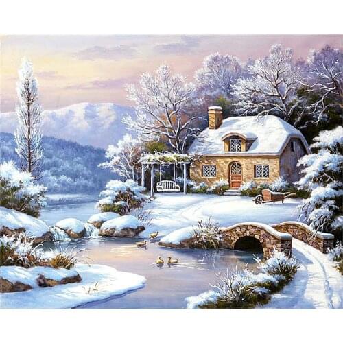 Landscape House Winter Snow Scenery DIY 11CT Cross Stitch Embroidery Kits Needlework Craft Set Printed Canvas Design