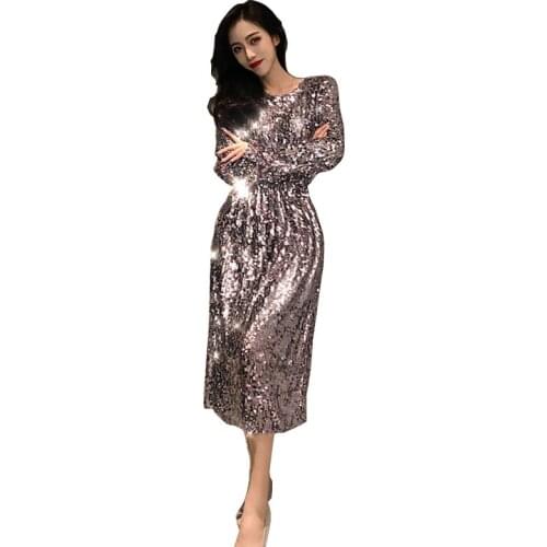Fashion Women Autumn Dress Stage Performance Party Dress Long-sleeved Bottoming Dresses Bling Sequins Slim Slimming Dress OK986