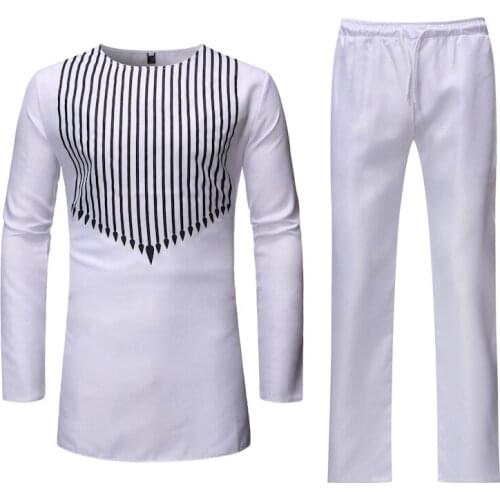 Richkeda Store New 2021 White African Dashiki Print Top Pant Set 2 Pieces Outfit Set Brand Men Clothes Streetwear African Suit