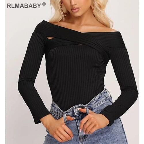RLMABABY Criss-Cross Off Shoulder Sexy Women Bodysuit 2019 Autumn Winter Long Sleeve Rompers Jumpsuit Ribbed White Bodysuit Top
