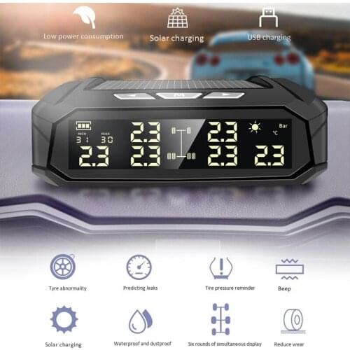 Novel-TPMS Solar Car Tire Pressure Alarm Monitor System Display Intelligent Temperature Warning with 4 Build-in Sensors