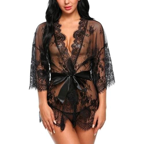 Womens Lace Kimono Robe Babydoll Sex Lingerie Mesh Fun Nightgown S-4XL